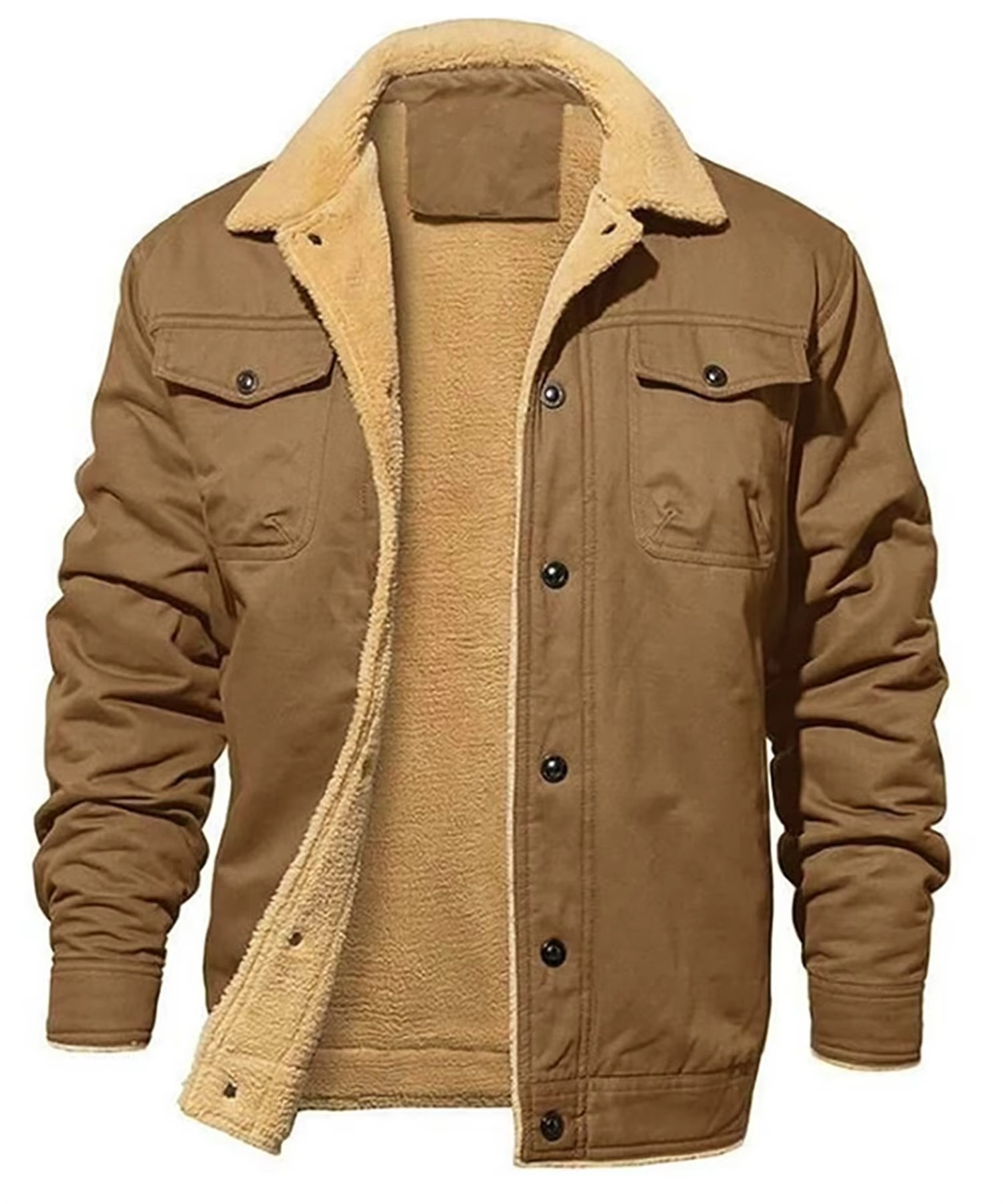 Men's dark winter parka with faux shearling lining, windproof insulated coat with front pockets