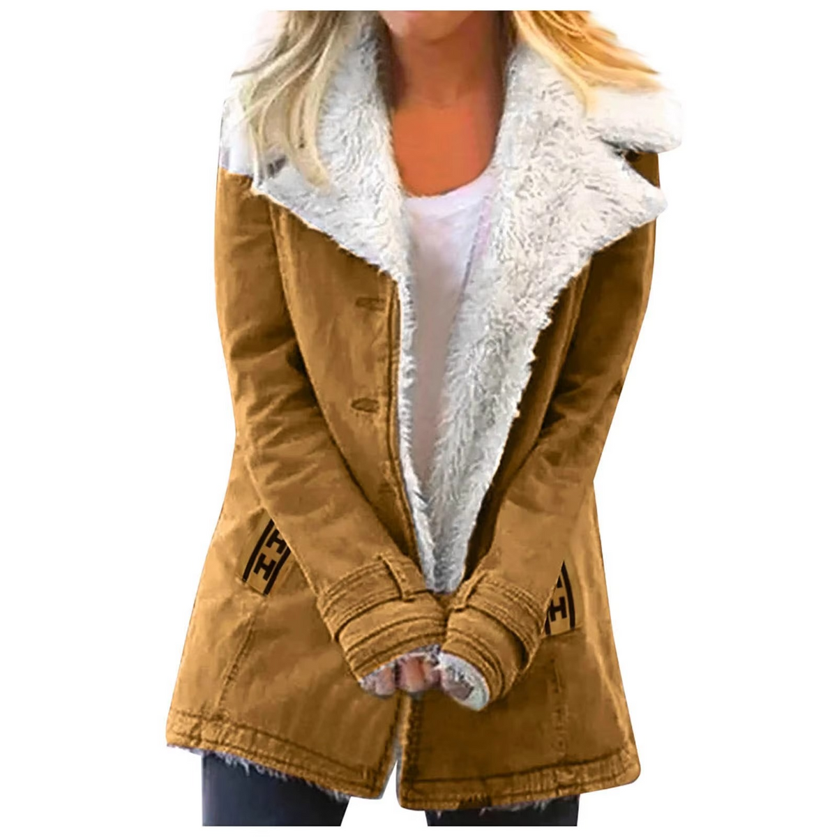 Women's plus size fleece jacket with button front, faux shearling collar, and side pockets in cozy fit