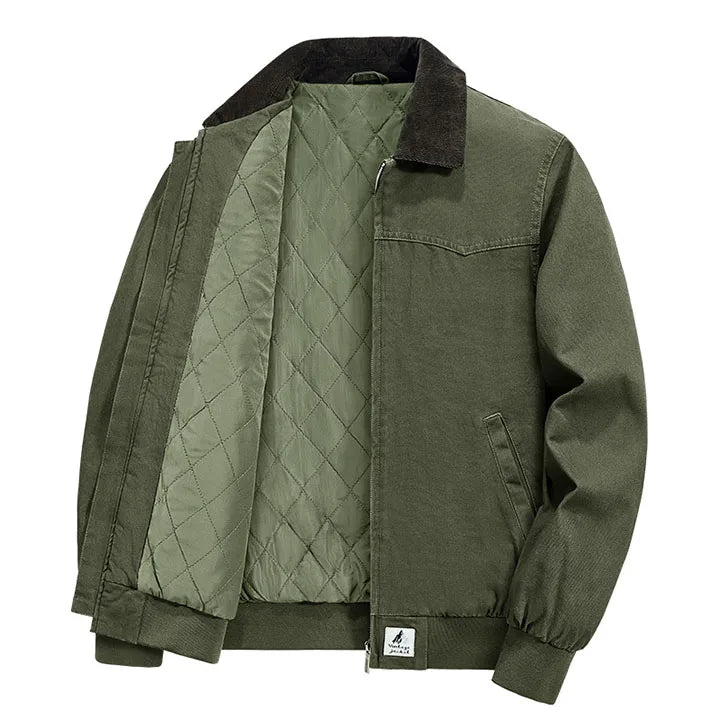 Barrington boxy work jacket in contrasting ribbed hem corduroy cotton with quilted insulation