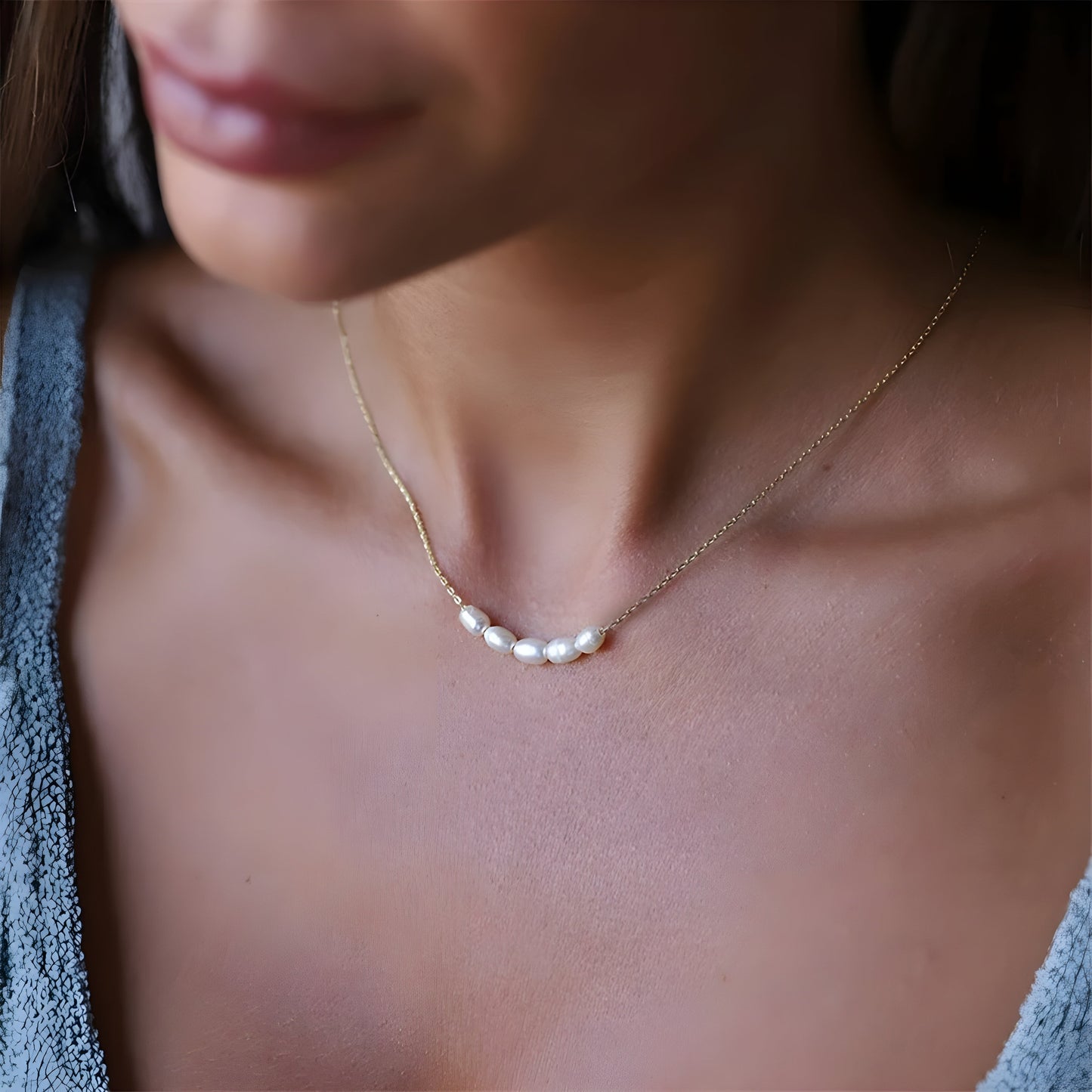 Dainty faux baroque pearl necklace on gold cable chain, minimalist stainless steel jewelry for elegant styling