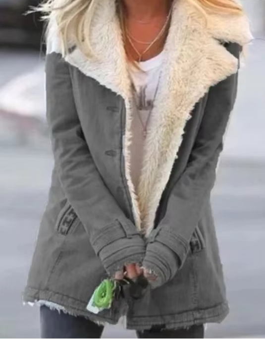 Women's cozy plush lapel coat in warm tones, tailored fit with sophisticated collar for autumn-winter