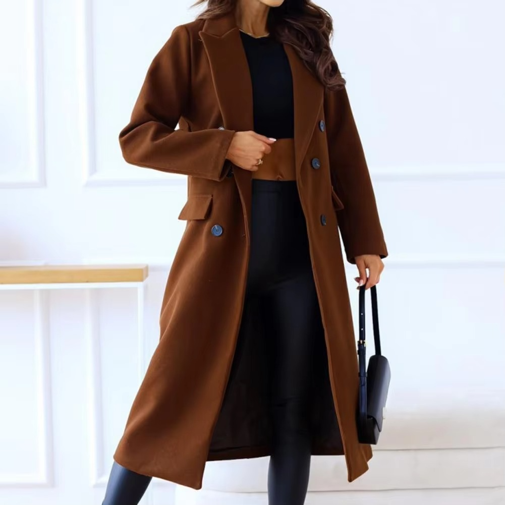 Women's double breasted mid-length winter coat with lapel collar, elegant and warm modern style