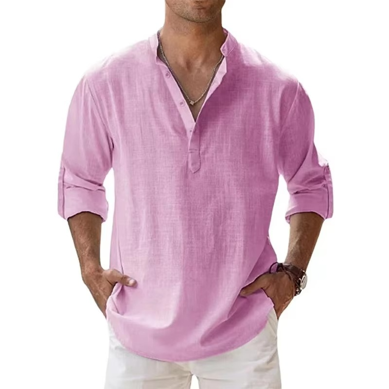 Men's beige lightweight cotton linen Henley shirt long sleeve three-button placket casual summer fit