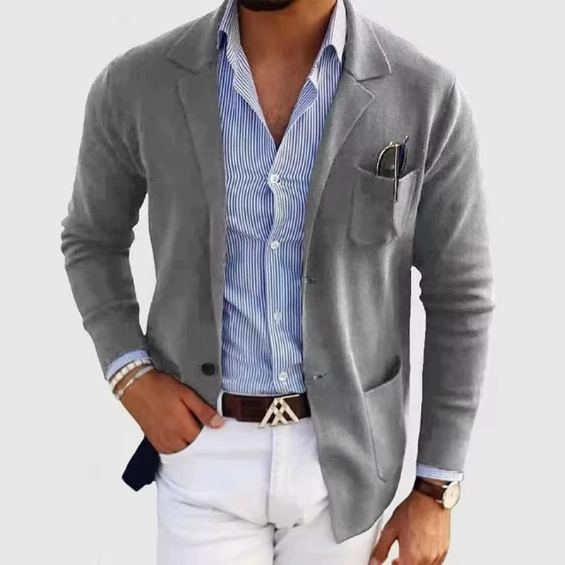 Men's solid color knitted cardigan coat turn-down collar multi-pocket minimalist single button closure