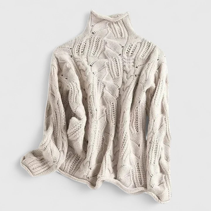 Elegant cream knit sweater with flattering silhouette and soft premium breathable fabric