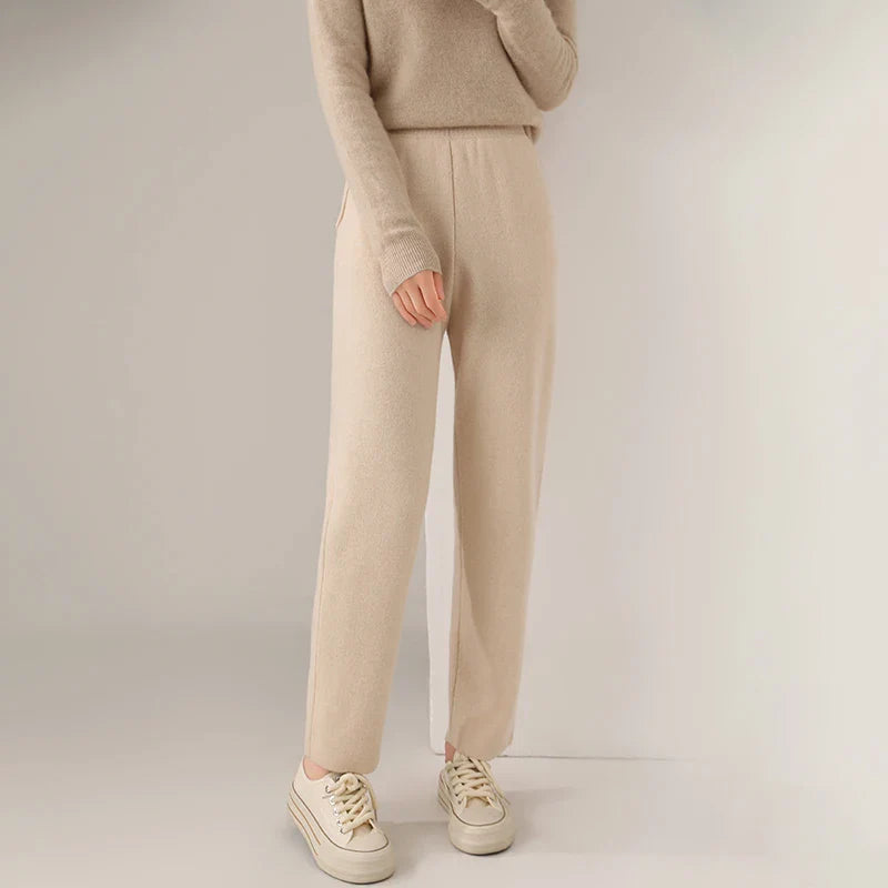 Mileena women's 100% wool pants with cashmere lining, clean modern silhouette in rich fabric