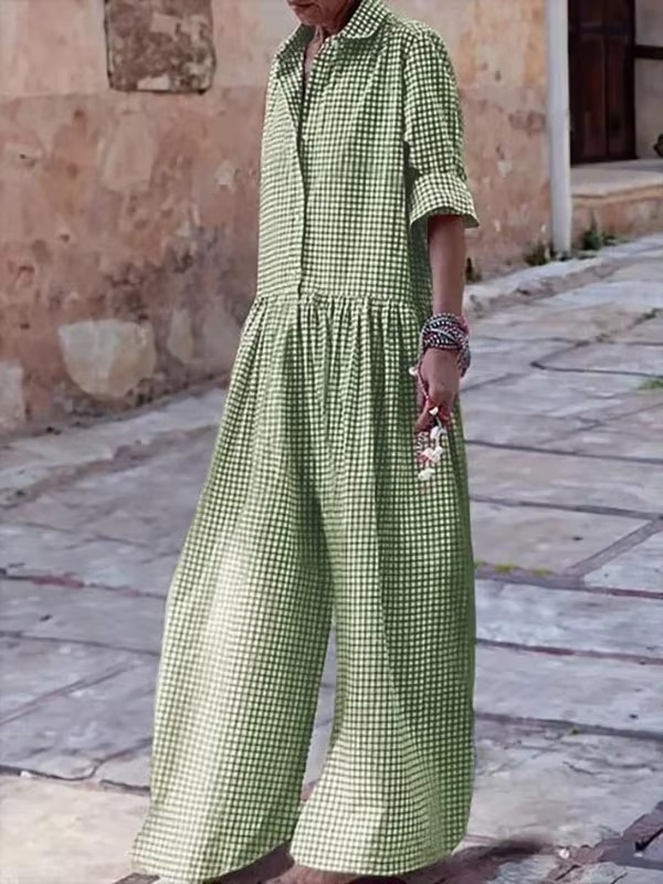Women's plaid wide leg jumpsuit with lapel collar and front button closure for effortless style