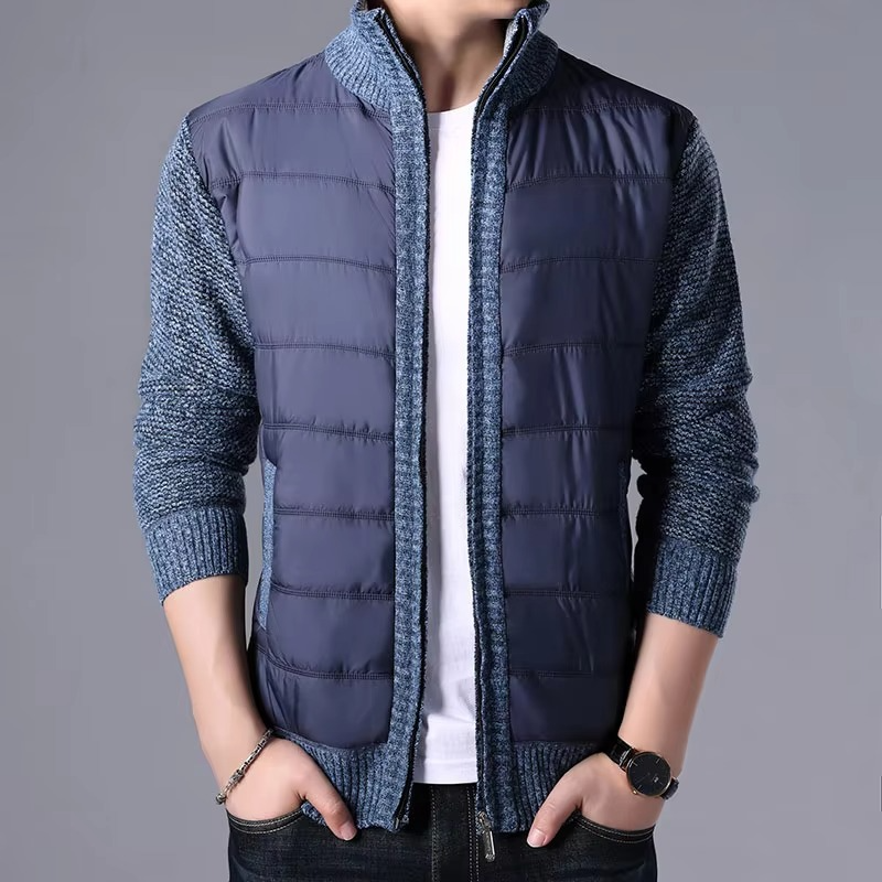 Men's brown patchwork thick knit cardigan jacket slim fit winter outerwear with ribbed texture