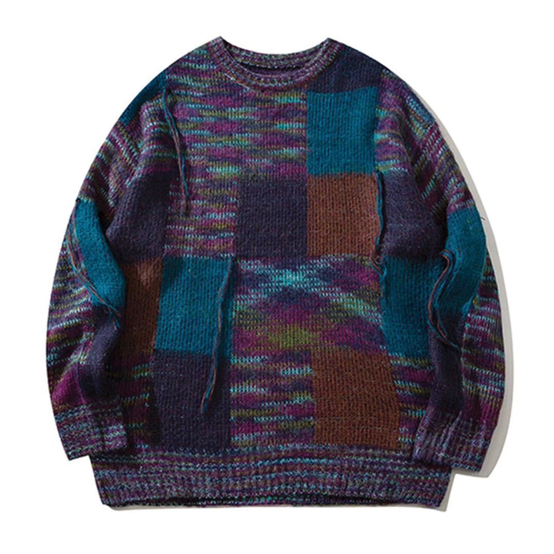 Multicolor mohair wool patchwork pullover sweater loose fit color block artistic statement piece