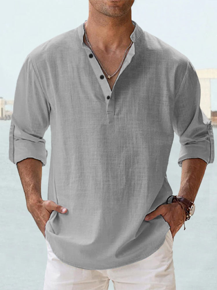 Men's relaxed fit grandad collar long sleeve shirt in sustainable lightweight fabric