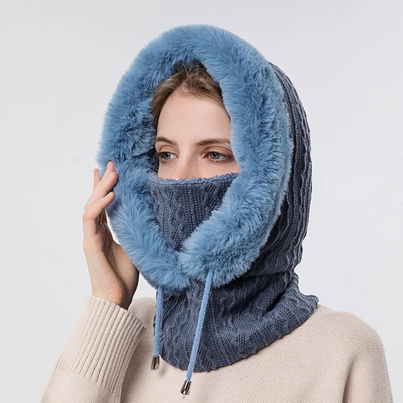 Women's cable knit balaclava with faux fur trim drawstring, fitted winter head neck coverage