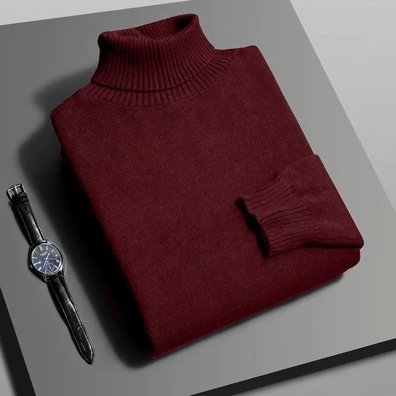 Men's slim fit knitted turtleneck sweater in solid color, long sleeve pullover with ribbed high neck