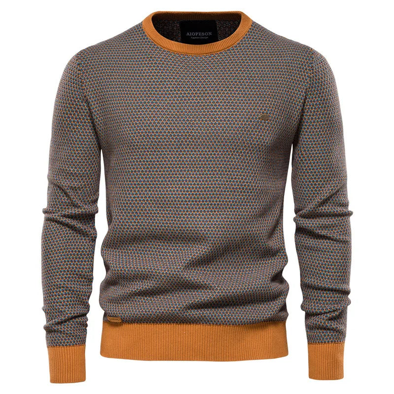 Navy blue Heritage men's crewneck sweater with classic checkered motif and modern tailored fit