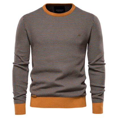 Navy blue Heritage men's crewneck sweater with classic checkered motif and modern tailored fit