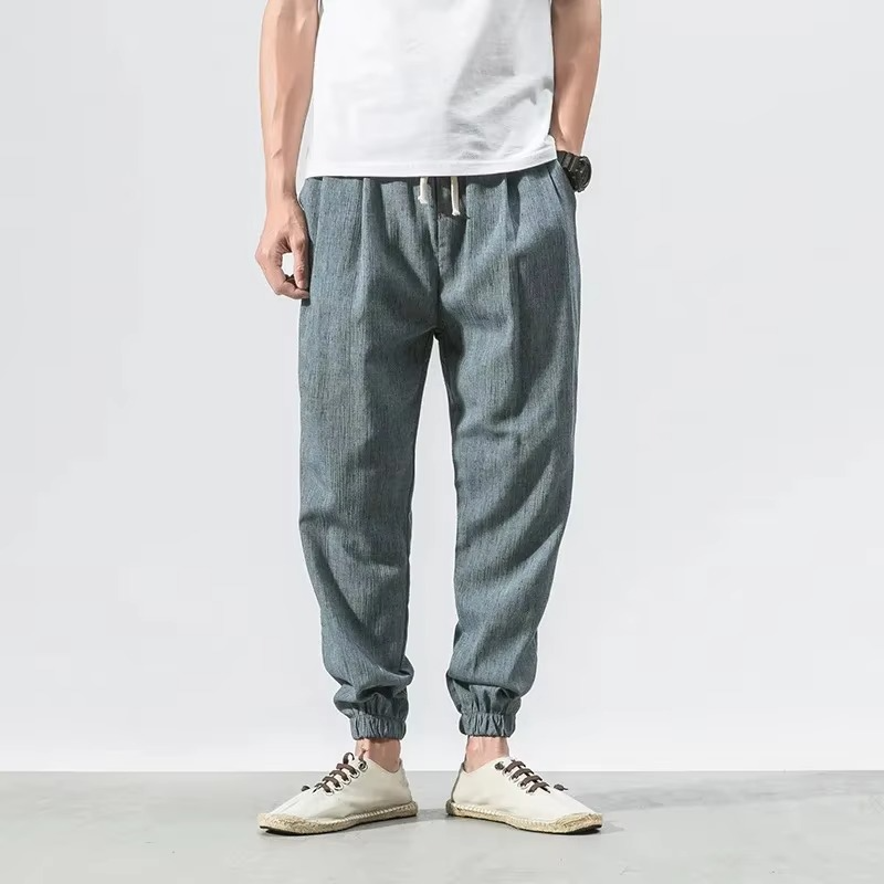 Men's beige cotton linen relaxed fit harem pants with cuffed ankles, breathable casual trousers