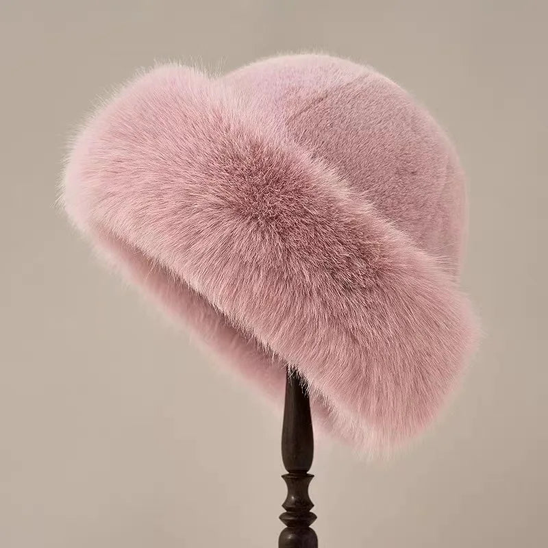 Women's fluffy plush winter hat in neutral tone, cozy oversized style with glamorous texture