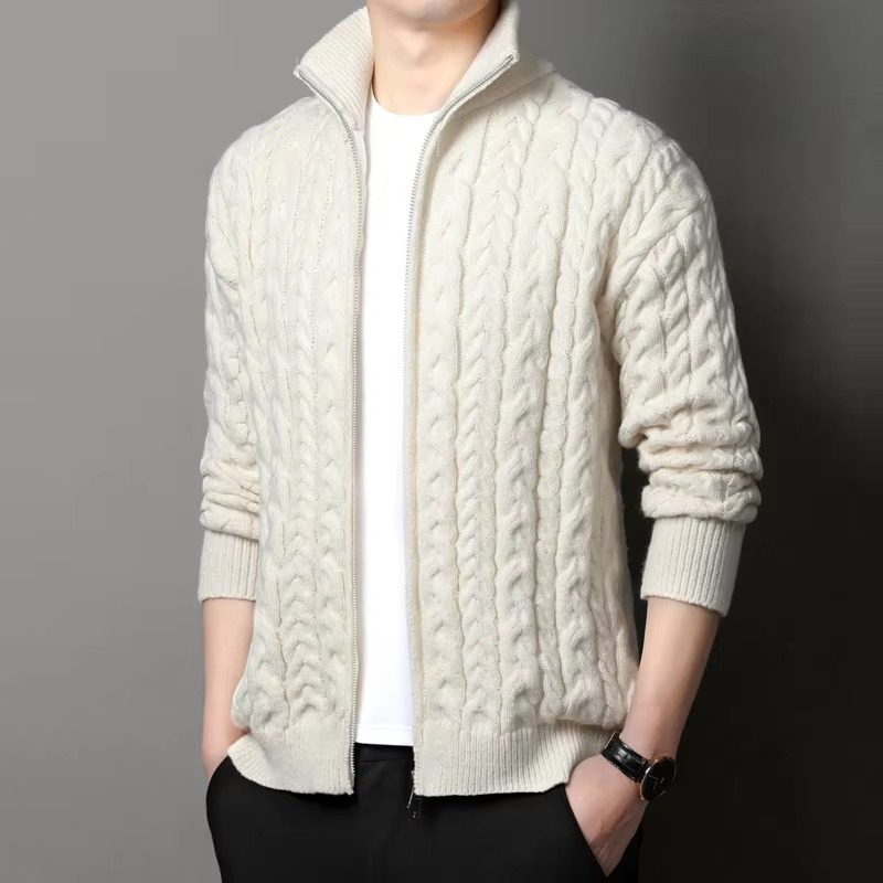 Men's thick knit zip-up cardigan jacket with stand collar, warm winter sweater coat casual style