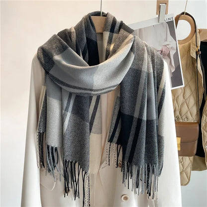 Darla plaid cashmere scarf with fringed edges, lightweight wrap in classic tartan pattern