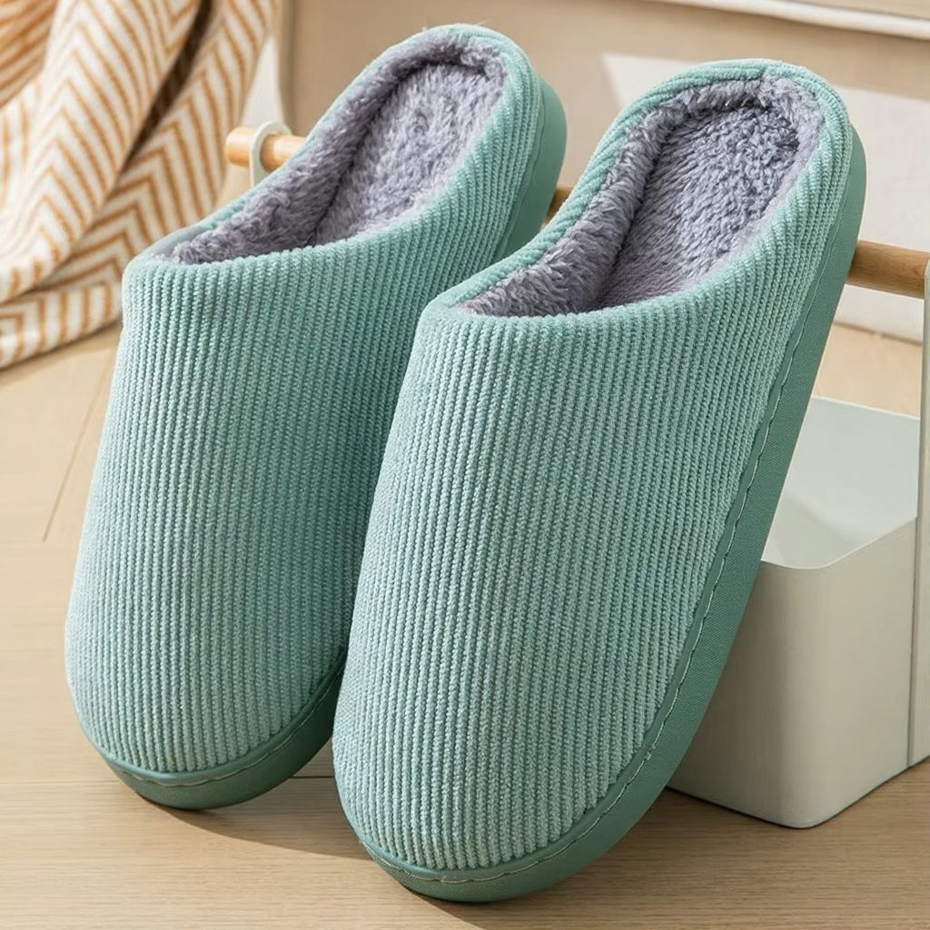 Women's plush indoor winter slippers with thick cushion sole, cozy warm slip-on design