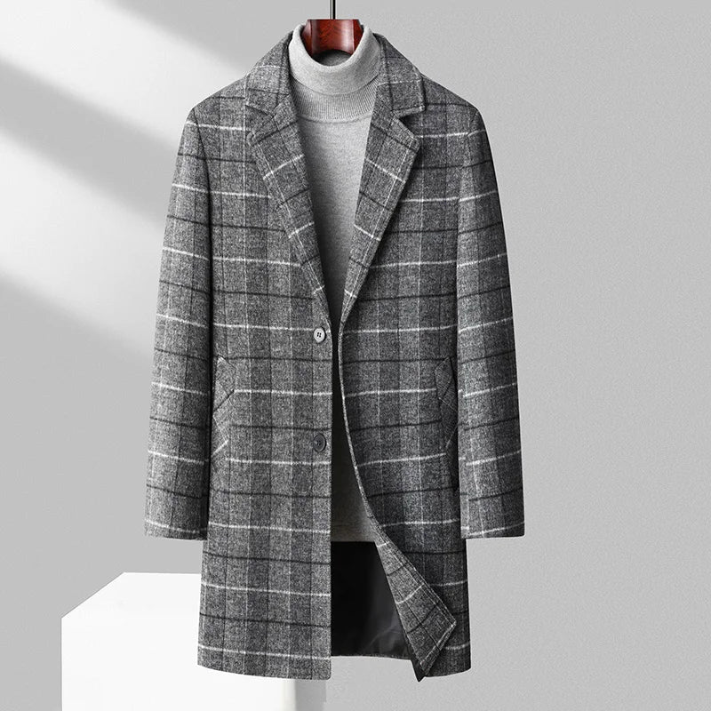 Brushed wool plaid overcoat with quilted liner, slim tailored fit, mid-length 3/4 cut