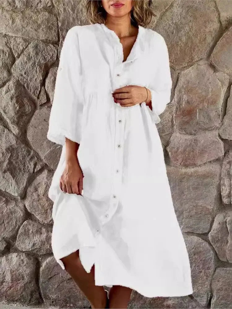 White linen midi shirt dress long sleeve button-down relaxed fit with full-length button placket