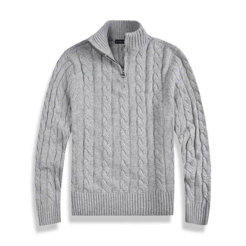 Men's gray cable knit half-zip sweater wool cotton blend with high collar and ribbed details