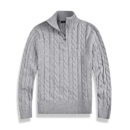 Men's gray cable knit half-zip sweater wool cotton blend with high collar and ribbed details