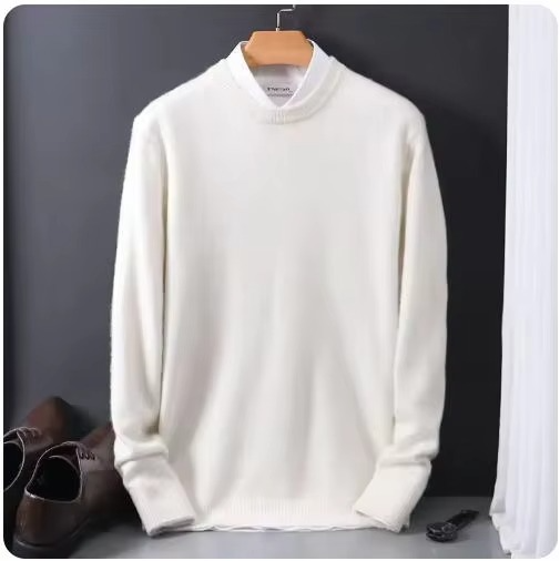 Navy cashmere wool-blend men's crewneck knit pullover sweater with slim refined cut and soft lightweight warmth