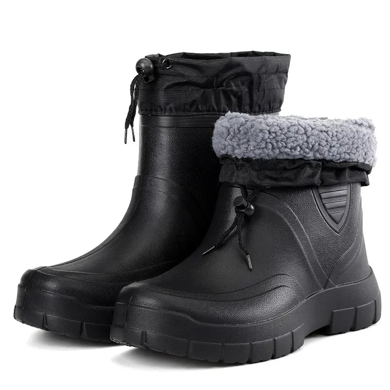 Men's mid-calf waterproof Wellington rain boots with fleece lining and drawstring top closure