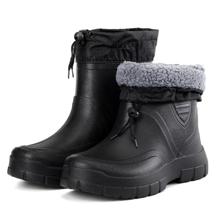 Men's mid-calf waterproof Wellington rain boots with fleece lining and drawstring top closure
