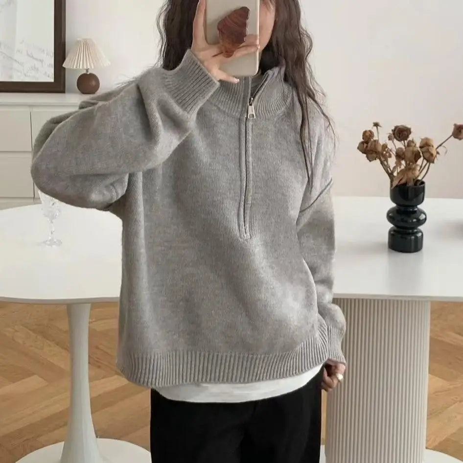 Aurora high neck knit sweater in cozy fabric with half-zipper closure for effortless autumn style