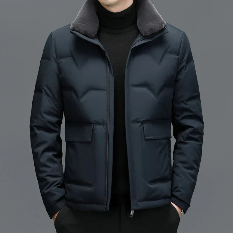 Bastian navy wool business coat with removable white duck down collar, casual winter jacket
