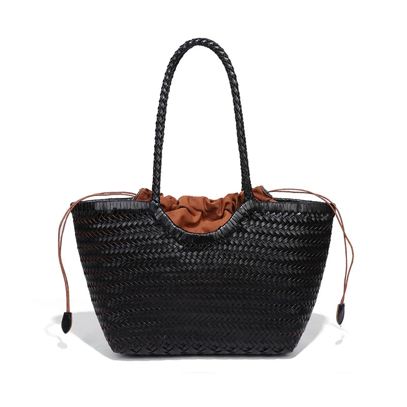 Wavlynn Kathy tan leather woven straw tote bag spacious beach structured summer style