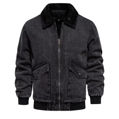 Men's blue denim jacket fleece-lined with faux fur collar, rugged winter outerwear