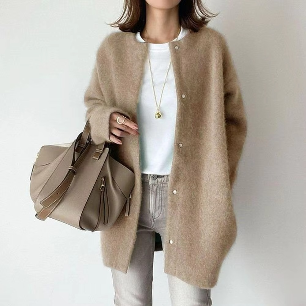 Mink velvet knit cardigan coat women A-line mid-length loose draped silhouette cozy warm