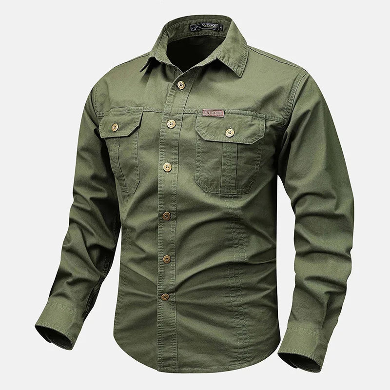Men's olive utility button-down shirt with durable fabric and multiple outdoor utility pockets