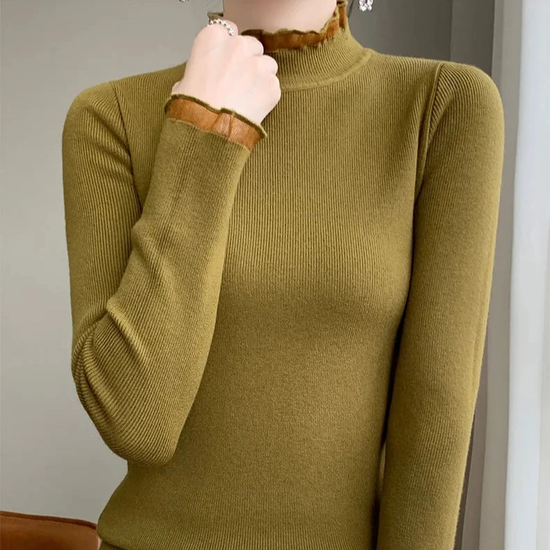 Fairlane ivory cashmere blend long sleeve top with charming ruffled mock neck detail