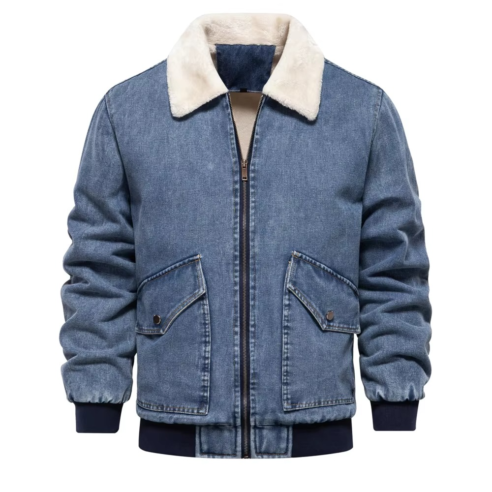 Men's blue denim jacket fleece-lined with faux fur collar, rugged winter outerwear style