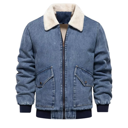 Men's blue denim jacket fleece-lined with faux fur collar, rugged winter outerwear style