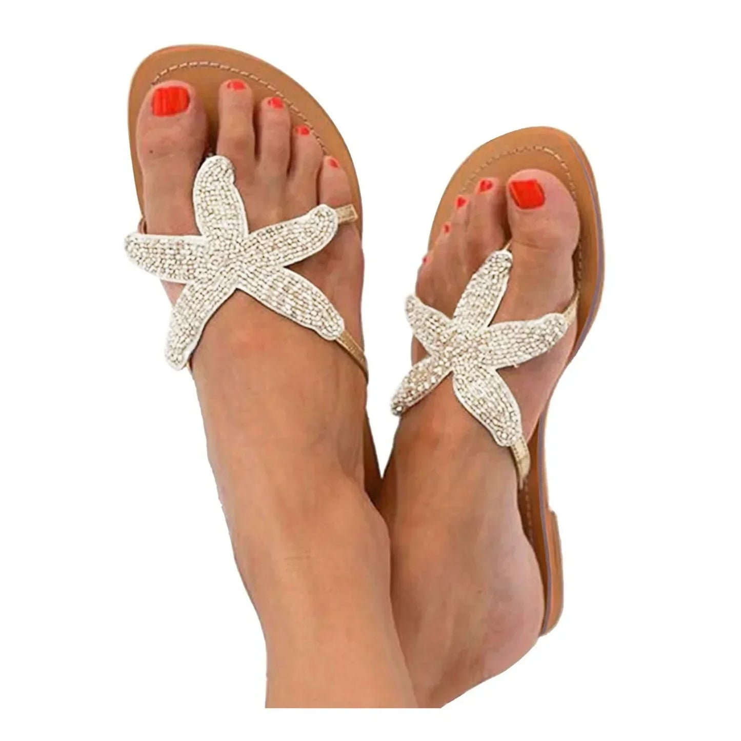 Women's beige slip-on slides with sea star-inspired coastal design and cushioned sole