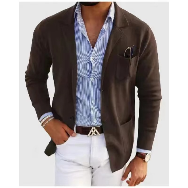 Men's solid color knitted cardigan coat turn-down collar multiple pockets minimalist single-button closure