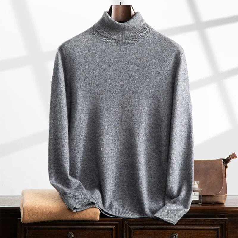 Men's relaxed-fit cashmere turtleneck sweater with ribbed edges and soft wool-blend knit texture