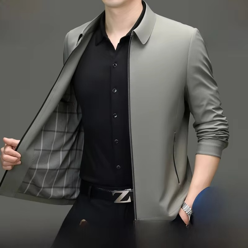 Men's silk blend loose fit jacket with straight hemline, polished lightweight style for elevated everyday looks