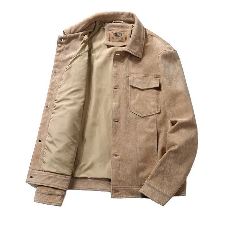Men's brown premium suede jacket tailored fit with clean silhouette for everyday layering