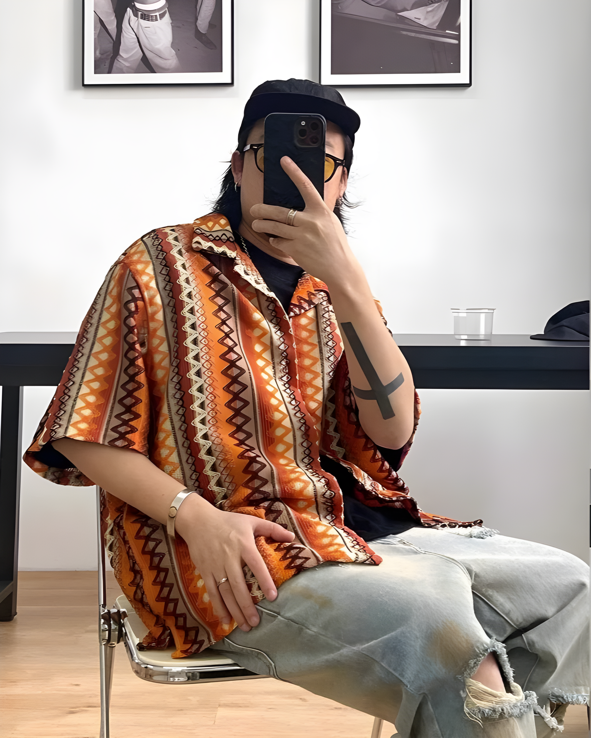 Oversized textured knit overshirt with zigzag diamond pattern in bright contrasting hues and Cuban collar