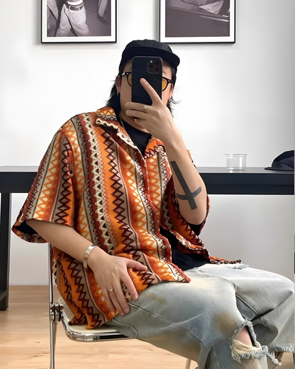 Oversized textured knit overshirt with zigzag diamond pattern in bright contrasting hues and Cuban collar