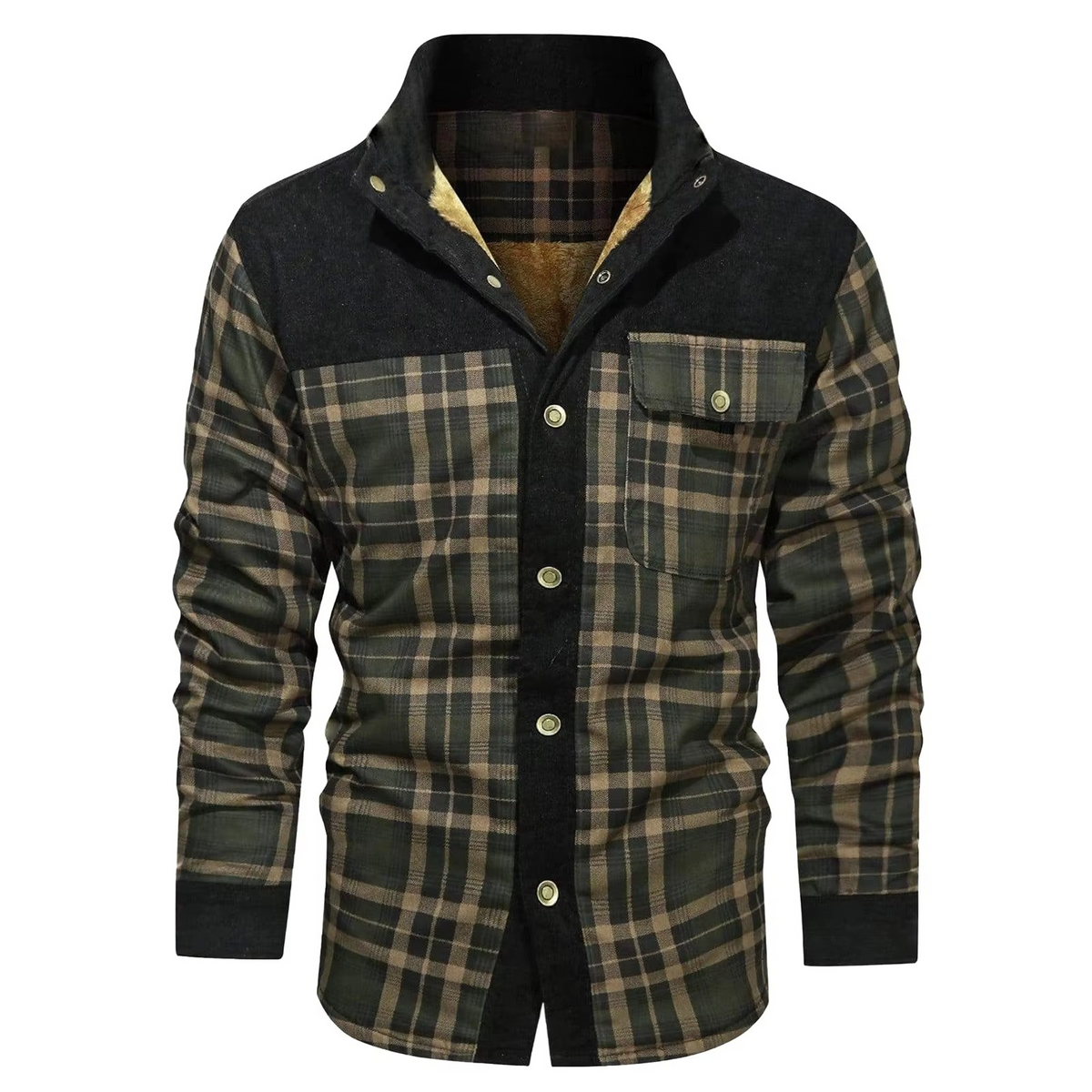 Men's brown flannel hooded shirt jacket with wool lining, relaxed fit, front button closure