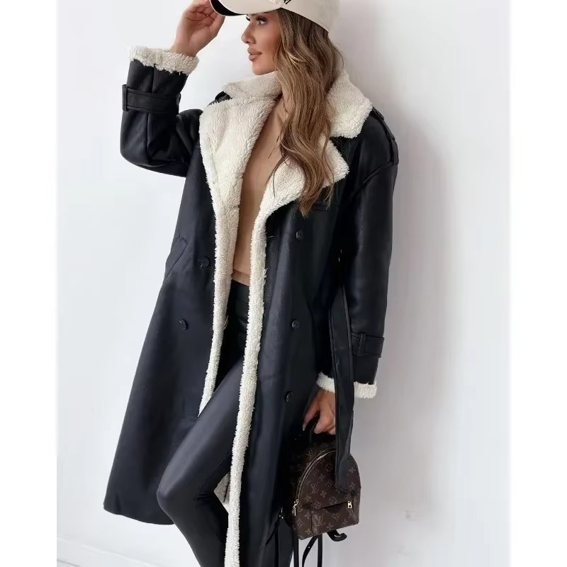 Women's beige faux fur winter coat with cozy shearling lining, warm elegant everyday jacket