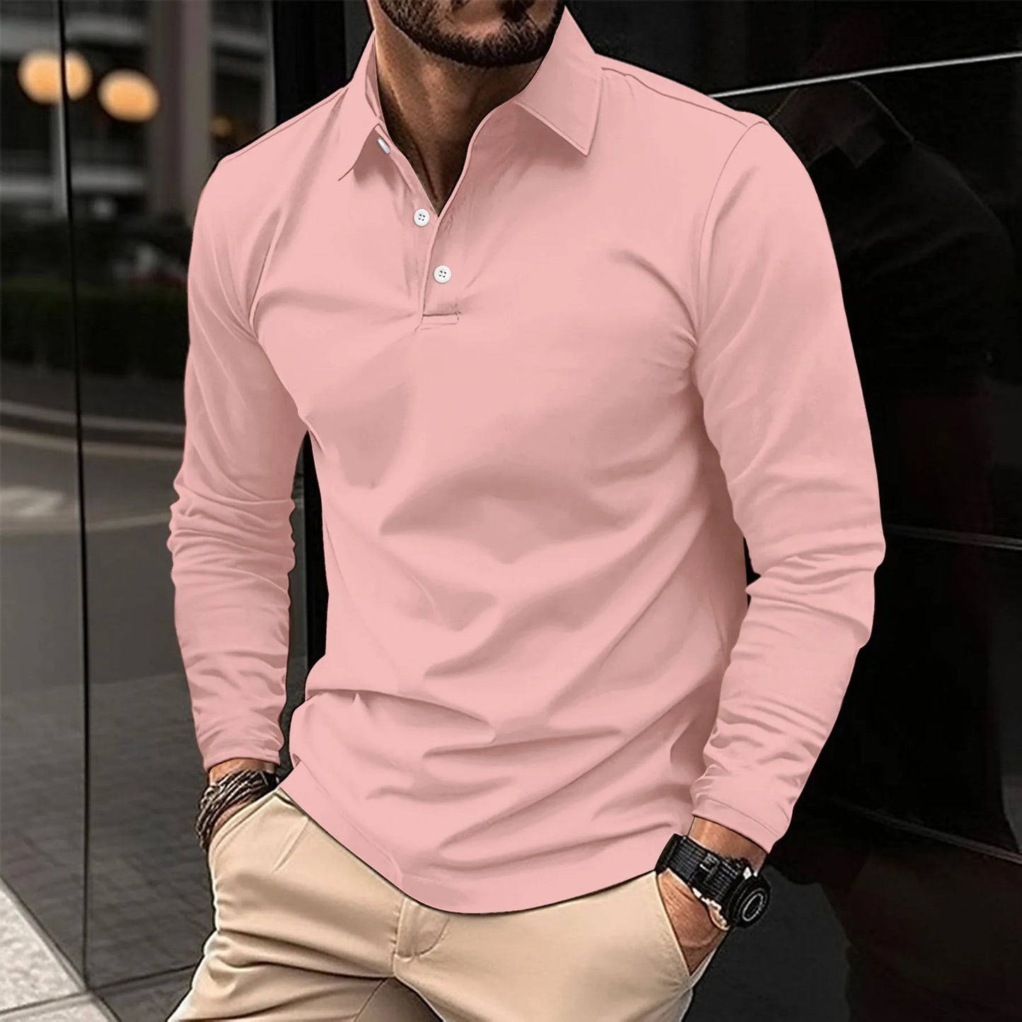 Men's long sleeve polo shirt slim fit breathable cotton casual semi-formal classic collar design