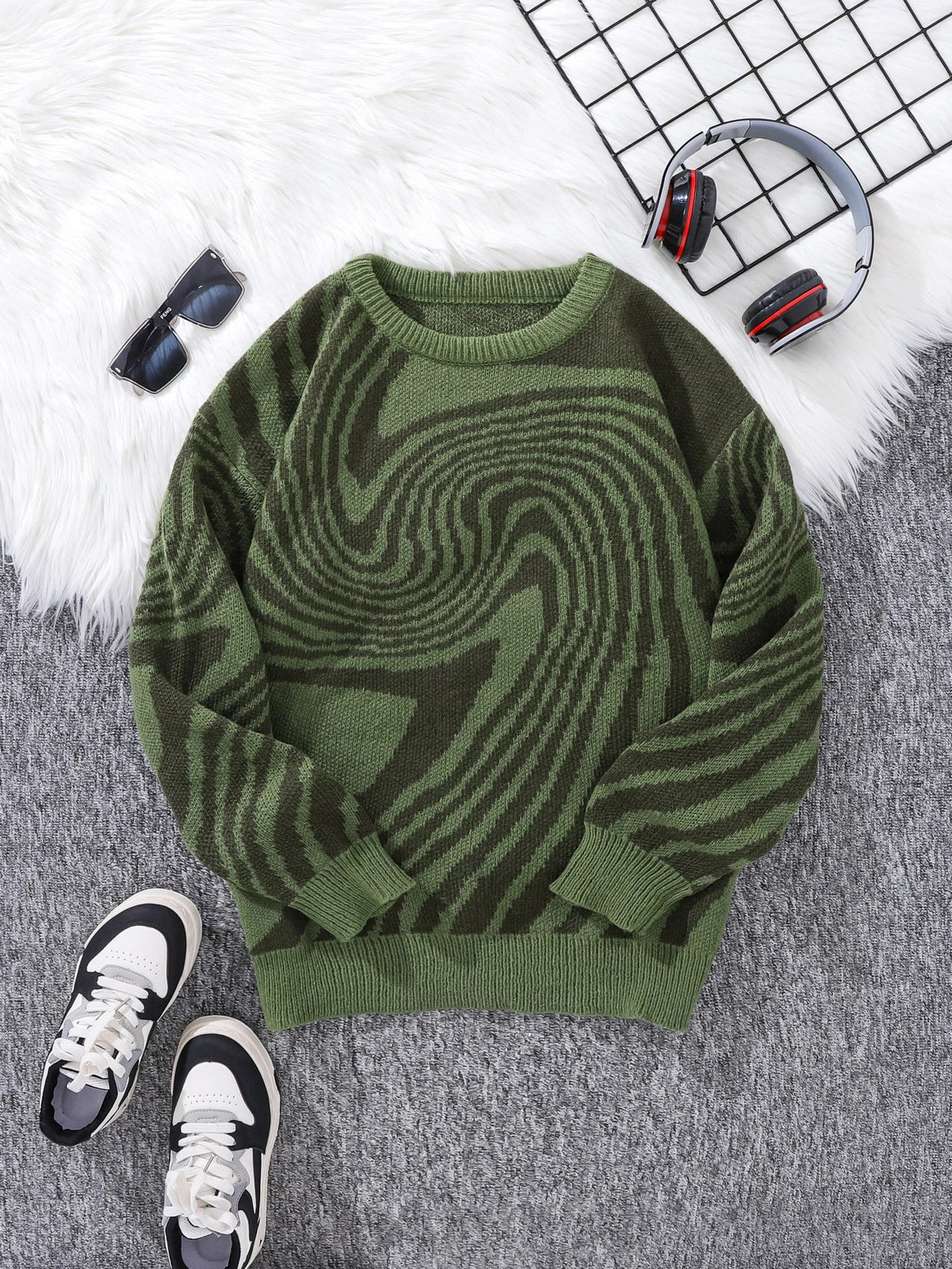 Multicolor abstract jacquard wool pullover with relaxed silhouette, ribbed cuffs, and maze-inspired pattern